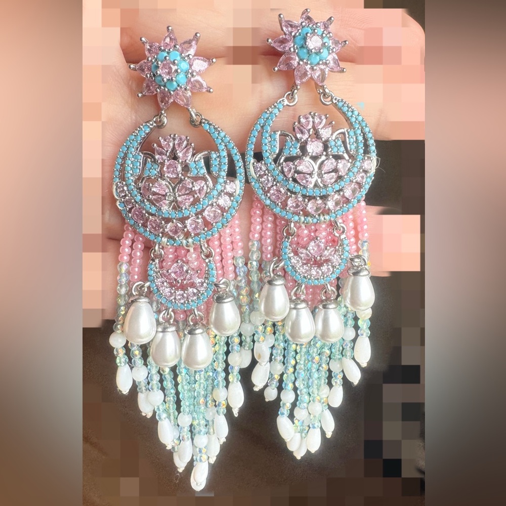Handmade Floral Crystal Tassel Earrings